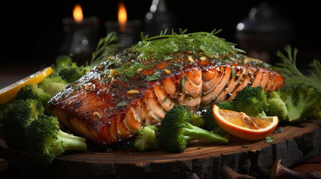 Professional gourmet food photography grilled salmon , Generative Ai