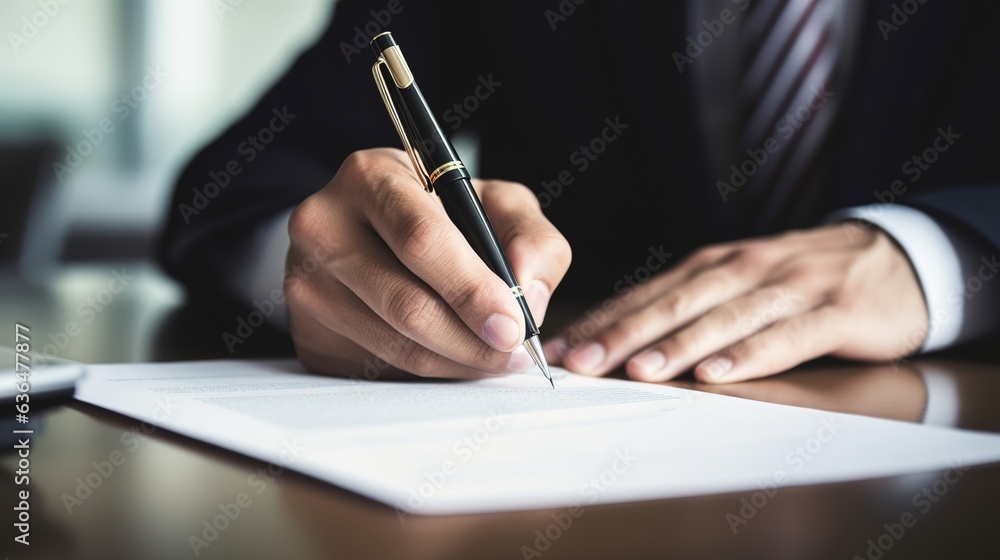 Sticker Business person signing contract document with pen in office