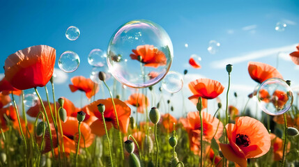 Naklejka premium Flowering red poppies with green buds, capsules, and soap bubbles, against the blue sky. Generative AI technology.