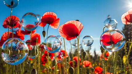 Flowering red poppies with green buds, capsules, and soap bubbles, against the blue sky. Generative AI technology.