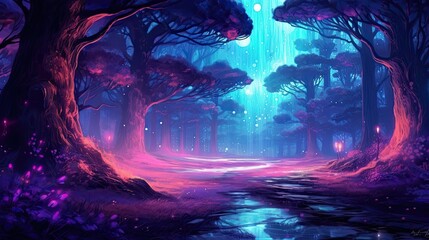 Beautiful fantasy woods with purple and cyan illumination. landscape digital painting