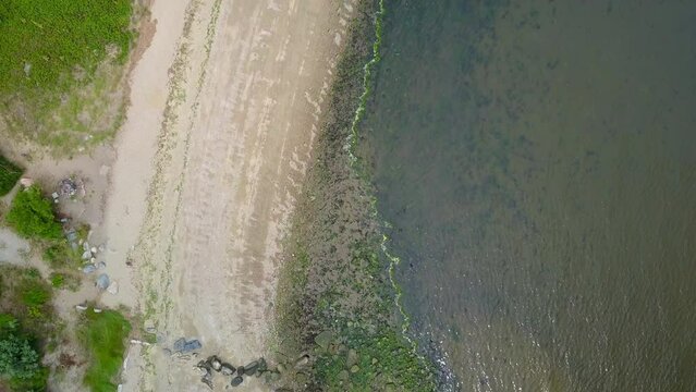 Aerial Top View Shot Of Shore At Beach, Drone Flying Over Coastline - Boston, Massachusetts