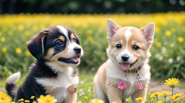 Cute puppies surrounded by beautiful vibrant flowers (AI generated)