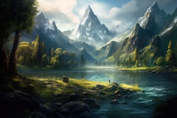 A lake in a forest and amazing towering rocky mountains make up this stunning image.