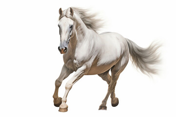 White Horse isolated on white background running. Animal left side portrait.