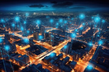 Abstract image of a smart digital city with globalization exhibiting a network link. Future 5G smart wireless digital city and social media networking systems concept. Illustration of exceptional