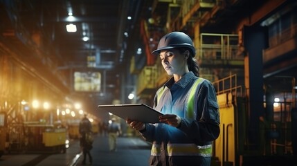 engineer works on a tablet in a factory. - obrazy, fototapety, plakaty