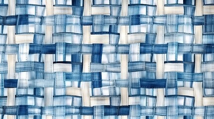 Abstract slub fabric texture with a chaotic checkered pattern. Farmhouse texture with a seamless blue pattern.