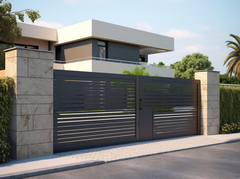 A gray private house of two floors hidden behind a fence with automatic sliding brown gates