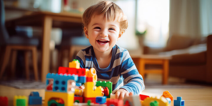 Happy European kid having fun playing with toy bricks constructor at home. Creative wallpaper, activity for children, happy emotion.