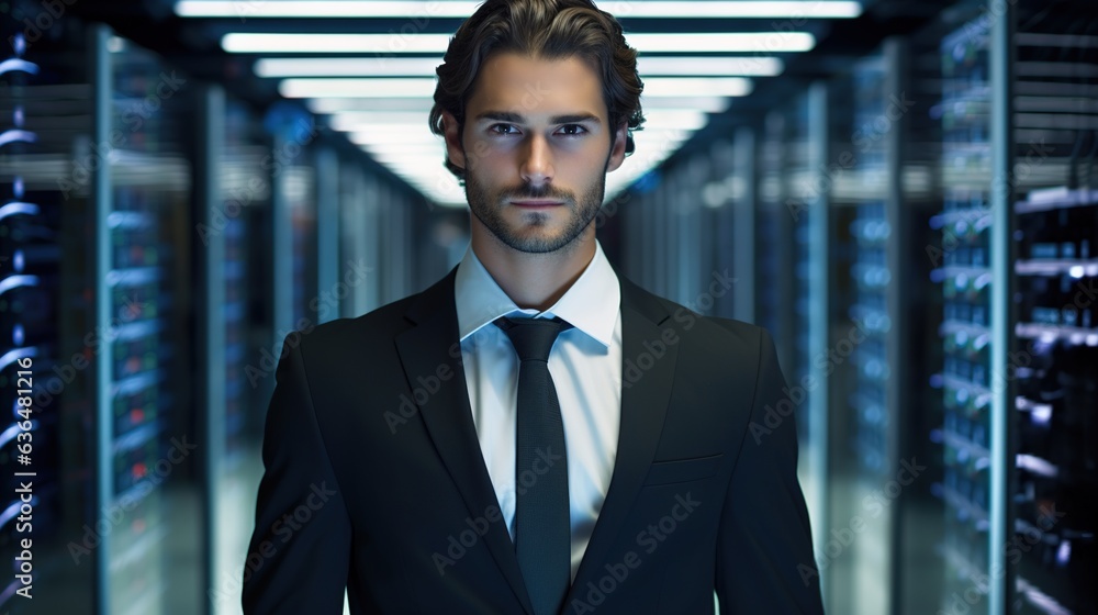 Poster businessman in front of server computer and cloud computing
