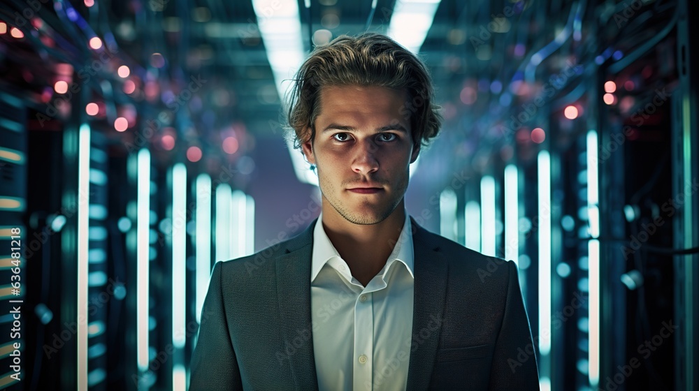 Poster businessman in front of server computer and cloud computing