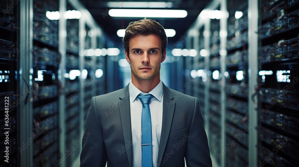 Poster businessman in front of server computer and cloud computing