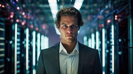Fototapeta premium businessman in front of server computer and cloud computing