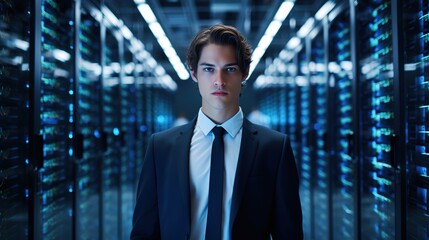 Fototapeta premium businessman in front of server computer and cloud computing