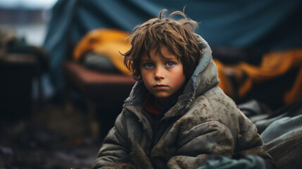 Sad Boy Living in Poverty - Generative Ai - obrazy, fototapety, plakaty