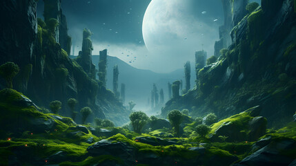 otherworldly landscape picture on a green overgrown lush planet - obrazy, fototapety, plakaty
