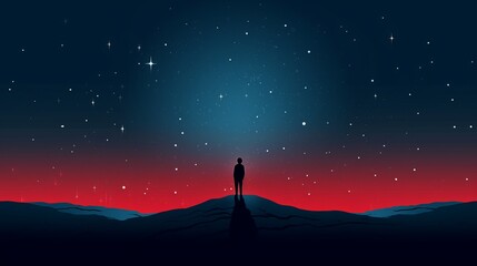 vibrant red and blue wallpaper with a kid looking at the sky. Generative AI