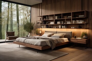 Cozy Retreat: A modern room with sleek wooden flooring, a large wooden accent wall with built-in shelves, and a platform bed frame with a wooden headboard. Generative AI