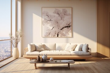 A modern living room with a sleek wooden floor, a low-profile wooden sofa frame, and a plush, neutral-colored sofa cushion. a smoggy daylight, light-colored photograph. Generative AI