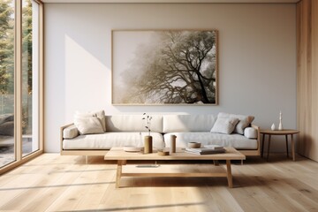 A modern living room with a sleek wooden floor, a low-profile wooden sofa frame, and a plush, neutral-colored sofa cushion. a smoggy daylight, light-colored photograph. Generative AI