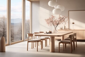 A minimalist room with light-toned wooden furniture, such as a Scandinavian-inspired wooden dining table and chairs, paired with neutral decor. Generative AI