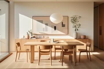 A minimalist room with light-toned wooden furniture, such as a Scandinavian-inspired wooden dining table and chairs, paired with neutral decor. Generative AI
