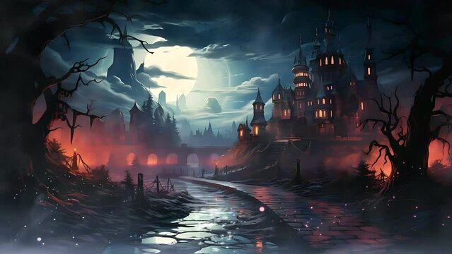 Halloween night fantasy landscape at the castle. Seamless Cartoon style loop 4k animation