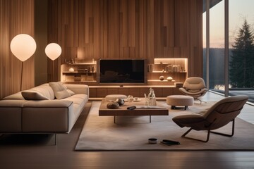 A modern room with wooden wall paneling that hides integrated smart home technology, including speakers, lighting controls, and a hidden television. Generative AI