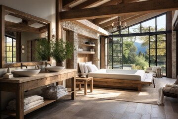 A contemporary farmhouse-inspired room with a wooden farmhouse table, wooden ceiling beams, and a sliding barn door leading to a modern ensuite bathroom. Generative AI