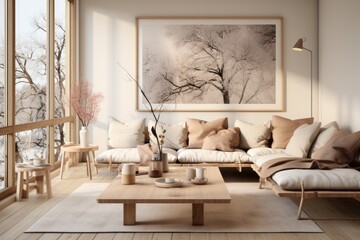Scandinavian Comfort: Cozy living, light wood floor, textured sofa, wooden coffee table. Smoggy daylight, light-colored photo. Generative AI