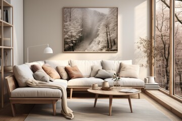 Scandinavian Comfort: Cozy living, light wood floor, textured sofa, wooden coffee table. Smoggy daylight, light-colored photo. Generative AI