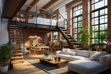 Fototapeta premium Urban Loft: An open loft-style room with wooden ceiling beams, a wooden mezzanine level with a cozy seating area, and wooden stairs with metal railings. Generative AI