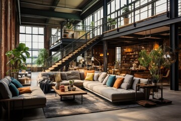 Urban Loft: An open loft-style room with wooden ceiling beams, a wooden mezzanine level with a cozy seating area, and wooden stairs with metal railings. Generative AI - obrazy, fototapety, plakaty