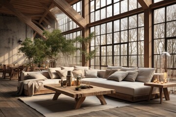 Fototapeta premium Rustic Elegance: Modern-rustic blend, wooden beam ceiling, tufted sofa, wooden coffee table. Smoggy daylight, light-colored photo. Generative AI