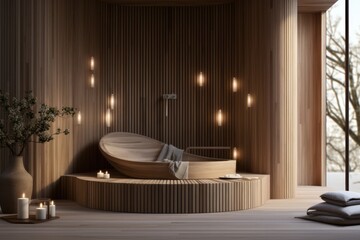 Serene Spa: A spa-inspired room with a wooden soaking tub, wooden slat wall, and a wooden bench for relaxation. Generative AI