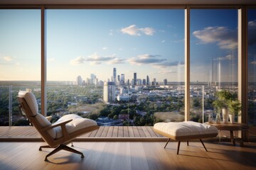 Fototapeta premium Cityscape View: A contemporary room with floor-to-ceiling windows offering a stunning city view, with a wooden window seat for contemplation. Generative AI