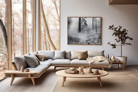 Scandinavian Comfort: Cozy living, light wood floor, textured sofa, wooden coffee table. Smoggy daylight, light-colored photo. Generative AI