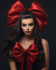A studio portrait of a glamorous fashion model wearing a huge red ribbon in her hair and adorning the top of her dress.