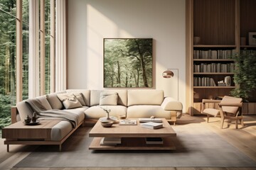 High-Tech Lounge: A modern living room with a wooden-framed sofa that incorporates built-in charging ports and LED lighting, along with a wooden coffee table. Generative AI
