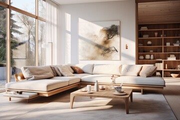 High-Tech Lounge: A modern living room with a wooden-framed sofa that incorporates built-in charging ports and LED lighting, along with a wooden coffee table. Generative AI