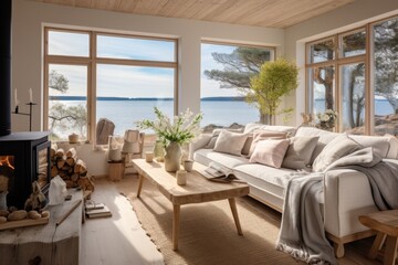 Obraz premium Coastal Cottage Comfort: A cozy coastal cottage living room with a wooden-framed sofa, nautical decor, and a wooden coffee table adorned with seashells. Generative AI