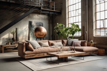 Industrial Cozy: A living room that combines industrial and cozy elements, with a wooden-framed sofa, metal accents, and warm textured throws. Generative AI