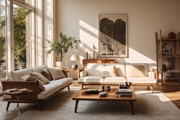 Classic Elegance: A classically designed living room with a wooden-framed sofa featuring intricate carvings, paired with a matching wooden coffee table. Generative AI