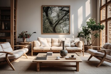 Classic Elegance: A classically designed living room with a wooden-framed sofa featuring intricate carvings, paired with a matching wooden coffee table. Generative AI