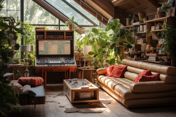 Fototapeta premium Retro Gaming Lounge: A gaming-themed living room with a wooden-framed sofa, vintage arcade machines, and a wooden gaming console station. Generative AI