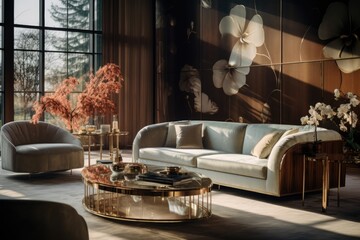 Art Deco Glam: A luxurious living room with an Art Deco-inspired wooden-framed sofa, mirrored accents, and a wooden coffee table with gold detailing. Generative AI