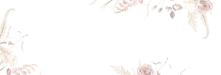 Modern beige and blush trendy vector design banner. Pastel pampas grass, fern, dusty pink rose, white magnolia