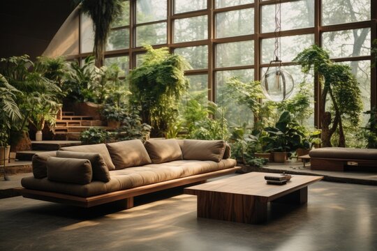 Urban Greenery: A living room with a wooden-framed sofa surrounded by a lush indoor garden, creating a tranquil and refreshing ambiance. Generative AI