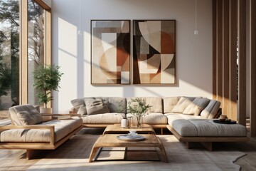 Geometric Harmony: A modern living room with a wooden-framed sofa, geometric wooden wall art, and a wooden coffee table with a unique shape. Generative AI